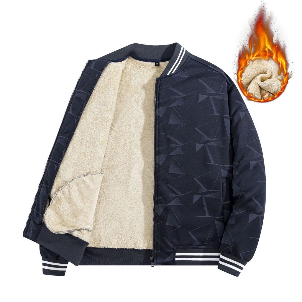 Men's Fleece-Lined Thick Baseball Jacket Fashionable Casual Printed Long-Sleeved Jacket