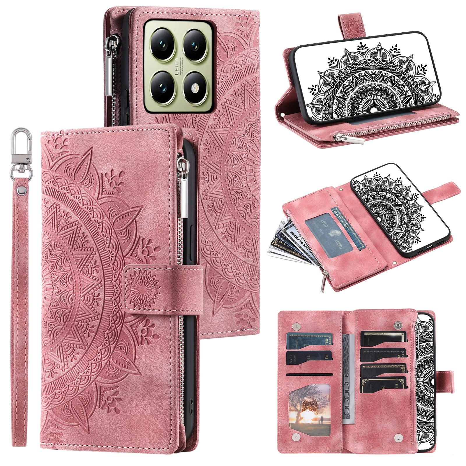 

For Xiaomi 14T Pro Wallet Case PU Leather Phone Cover Mandala Flower Pattern Rose Gold