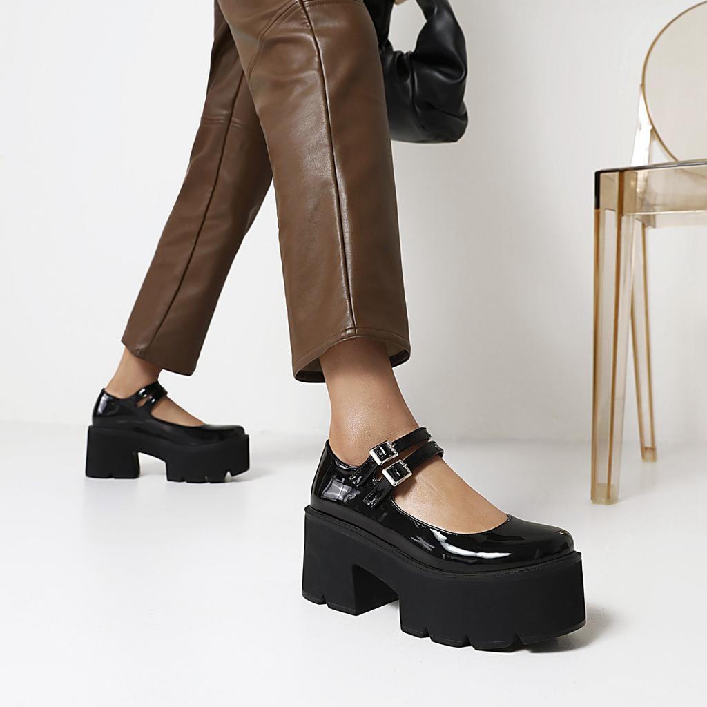 One-word buckle Mary Jane new British retro round head muffin shoes sequined single shoes Japanese platform  shoes