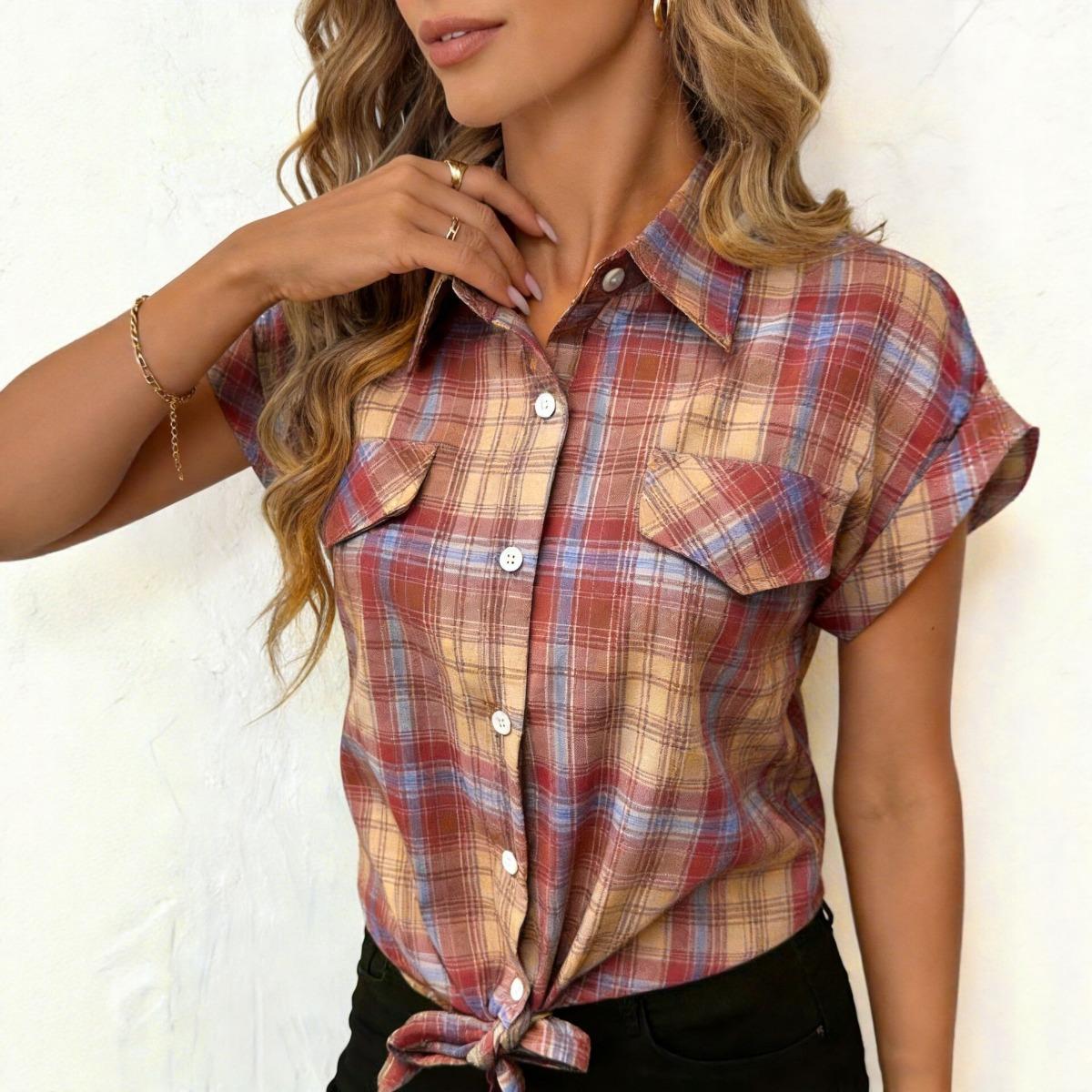 Summer Women s Knot Hem Loose Casual Shirt, Streetwear Fashion Blouse Top For Outerwear S