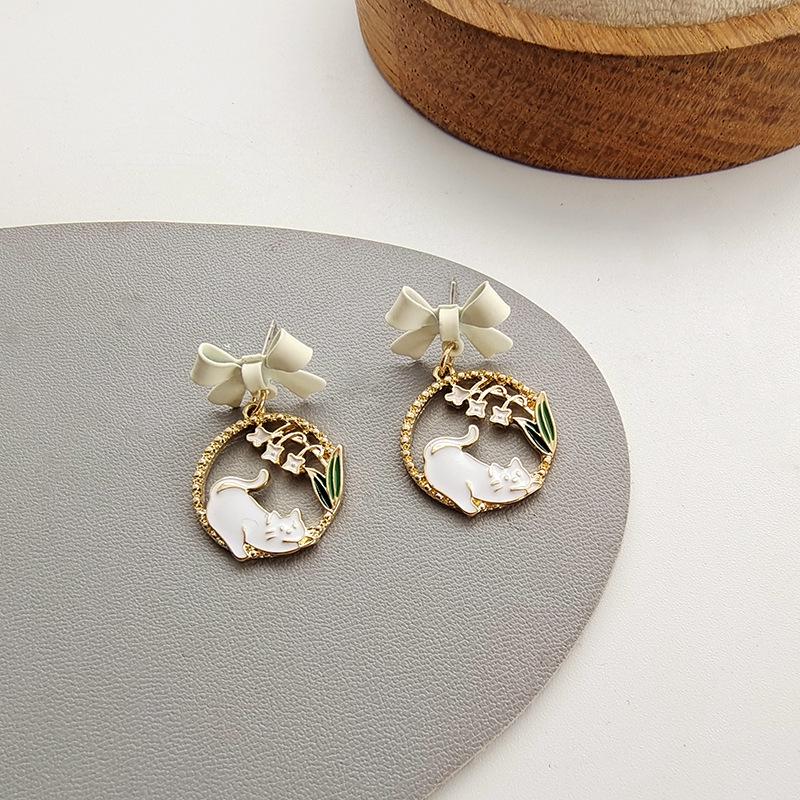 Summer Bow Cat Earrings - Japanese Korean Style Floral Studs