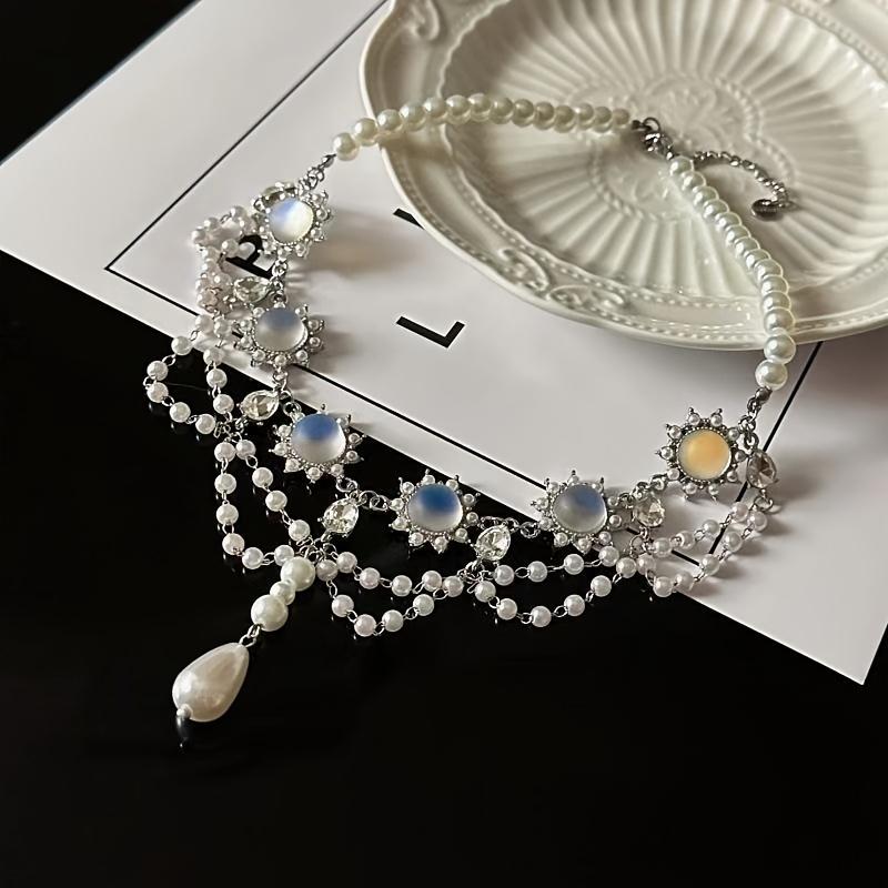 1PC Vintage French Moonstone and Freshwater Shell Fringe Necklace - Multi-Layer Chain with Imitation Pearl Buckle