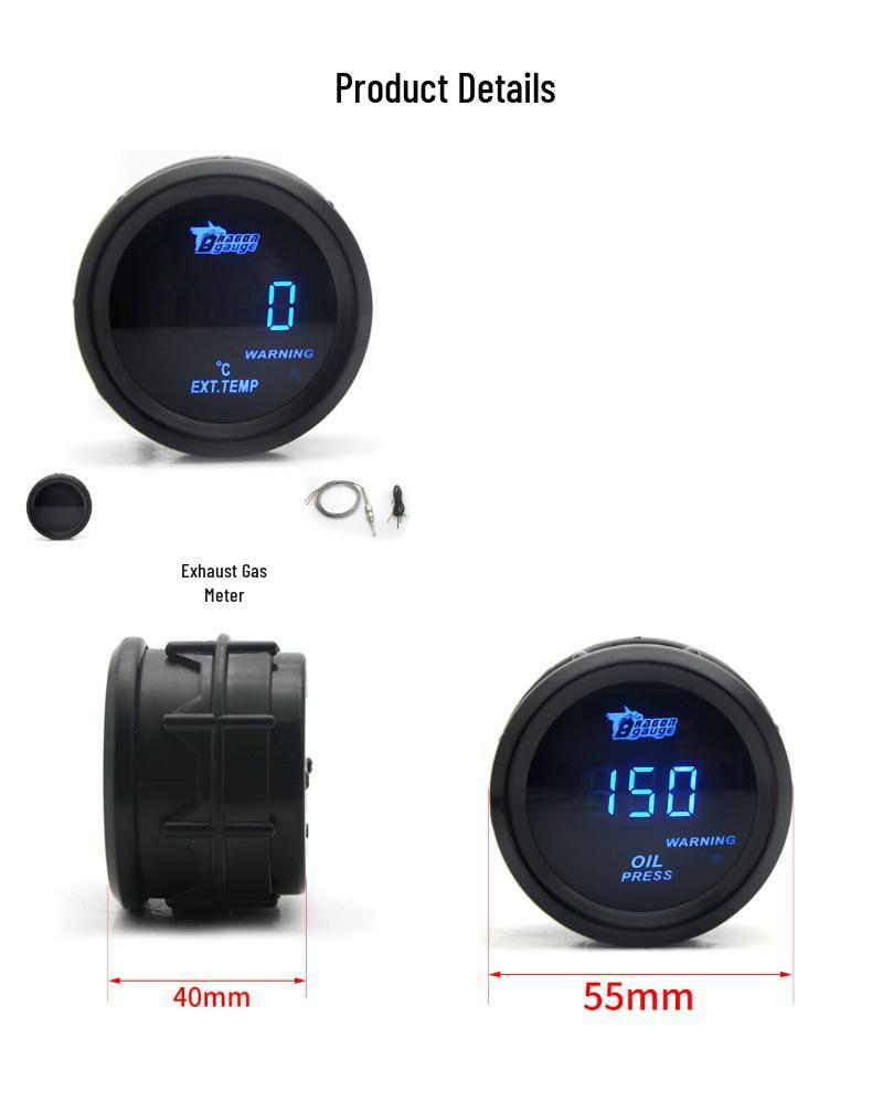 52MM Car Modification Gauge: Digital Display with Blue Light for Turbo, Water Temp, Oil Temp, Oil Pressure, Voltage (12V)
