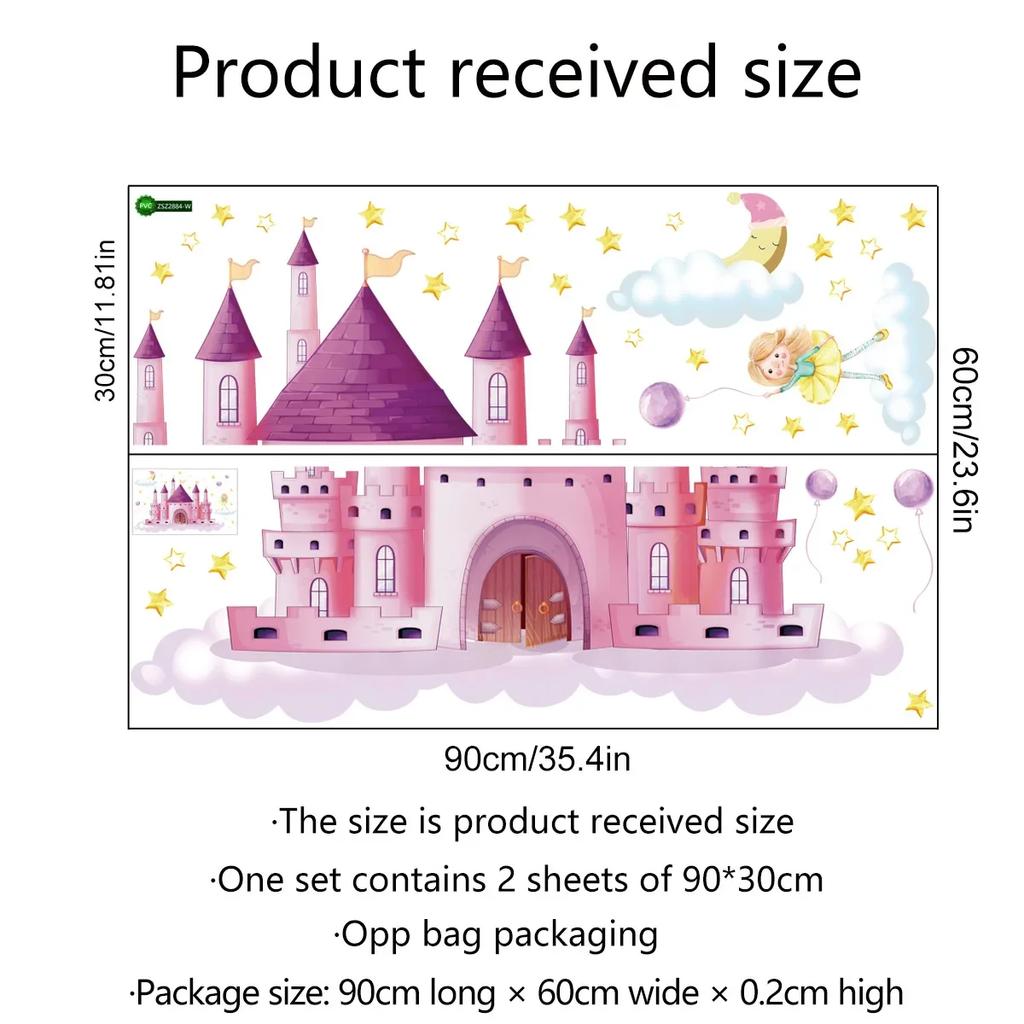 Nálepka na zeď Kawaii Cartoon Pink Kreativní princezna Castle na stěnu pro děti v obývacím pokoji Dekorativní nálepka na zeď do domácnosti