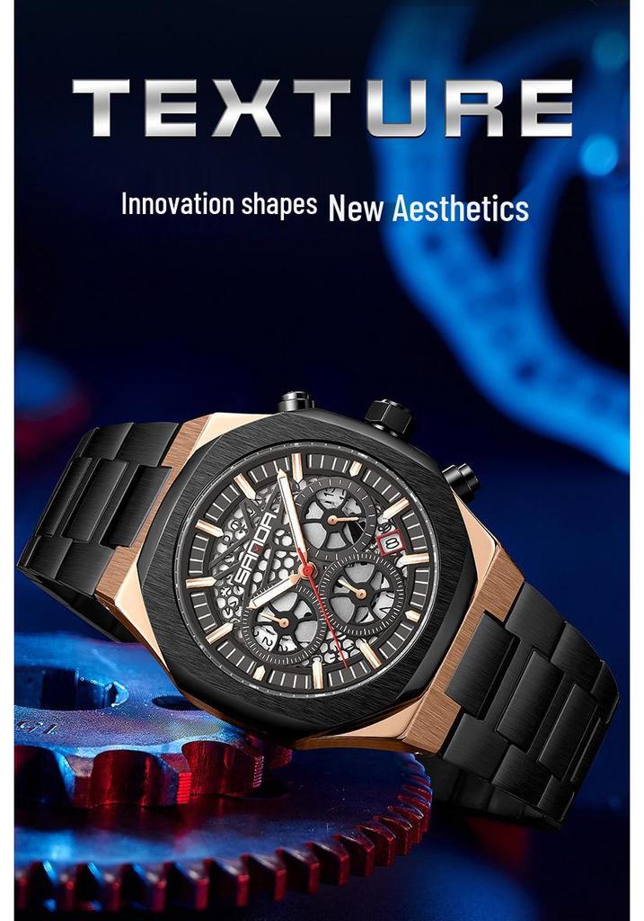 Sanda Men's Skeleton Steel Band Wristwatch with Six-Hand Calendar - Stylish & Waterproof