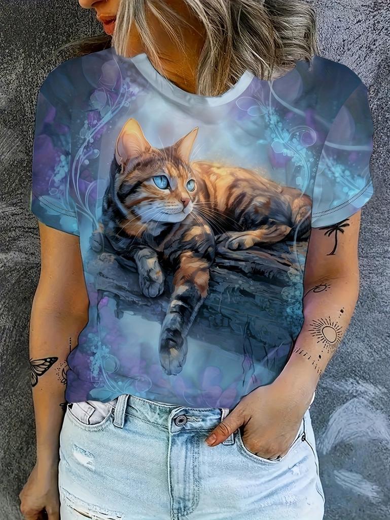 Funny Women's Cat Graphics T-Shirt Cute 3D Print Tees Fashion Tops Short Sleeves O-Neck T-Shirts Street Summer Woman Clothing