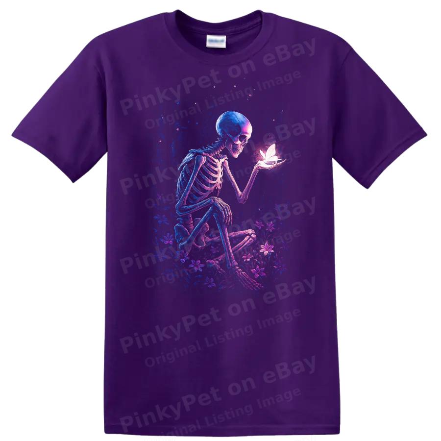 Skeleton Butterfly T Shirt Graphic Art Floral Design Halloween Theme Tee