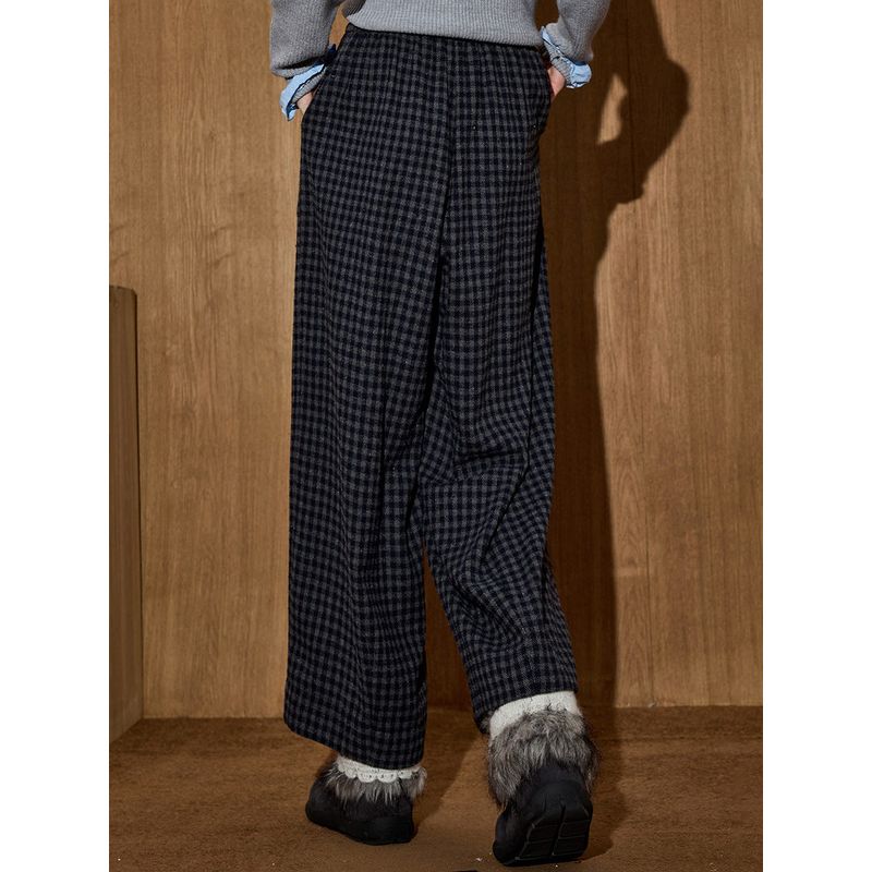 Coolhut Retro Dark Plaid Loose Casual Straight-Leg Pants High-Waisted Lazy Style Winter Women's Casual Pants