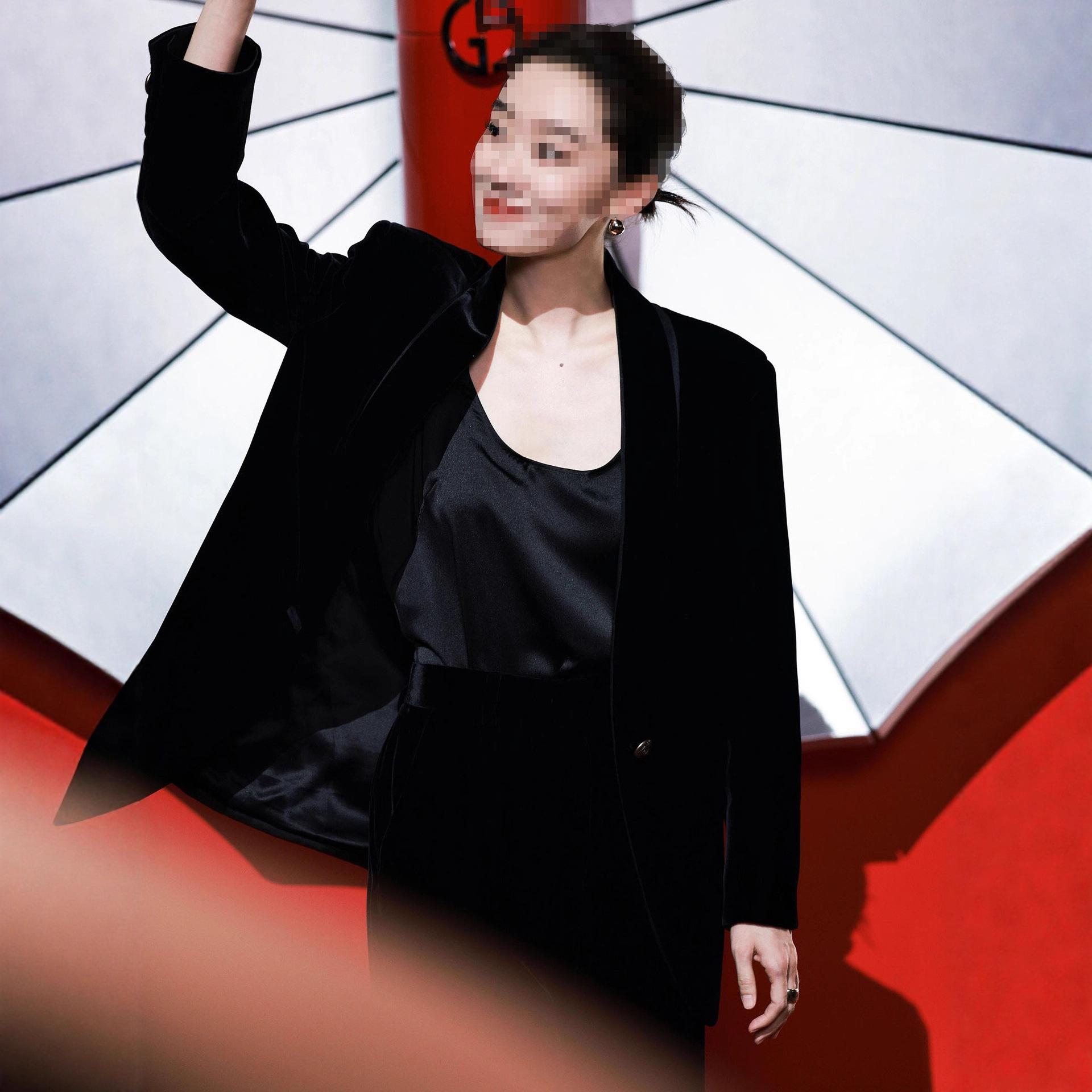 Celebrity Style Black Velvet Wide-Leg Pants Casual Suit Set Medium чёрный