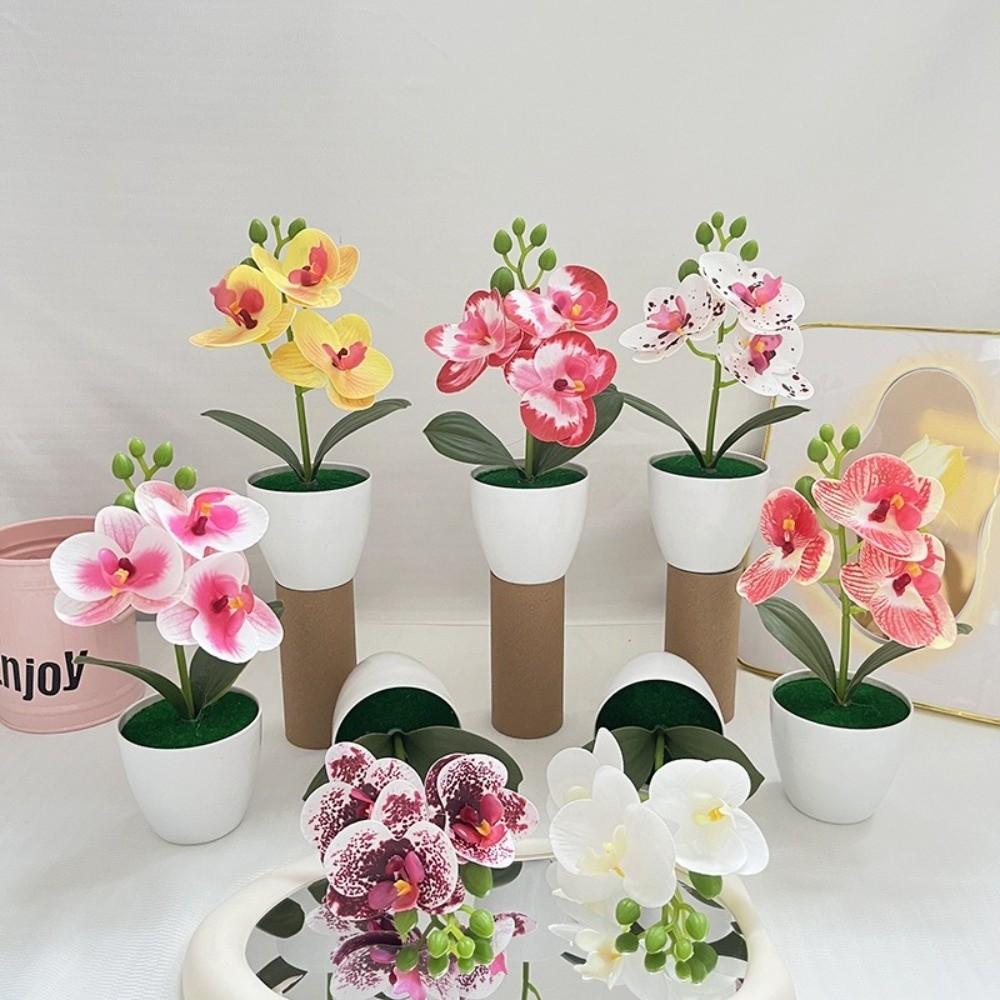 White Flower Pot Artificial Orchid Bonsai Multi-Bloom Artificial Faux Plants  Home Decor