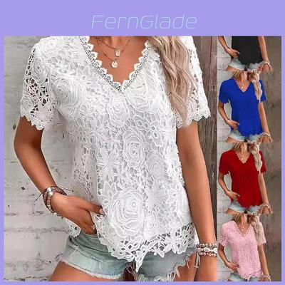 T-shirt w stylu euro z koronkowym wykończeniem dla kobiet, wiosenny, casualowy, modny top