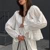 European and American Design Sense White Jacquard V-neck Shirt 1116 Autumn Cotton Long-sleeved Retro Loose Casual Women's Top
