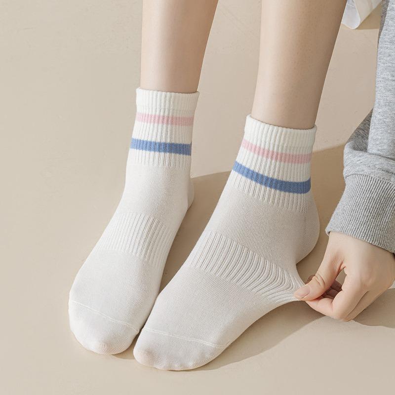 Female Spring and Autumn Striped Sweat Absorbent Breathable Boneless Sports In Tube Cotton Socks
