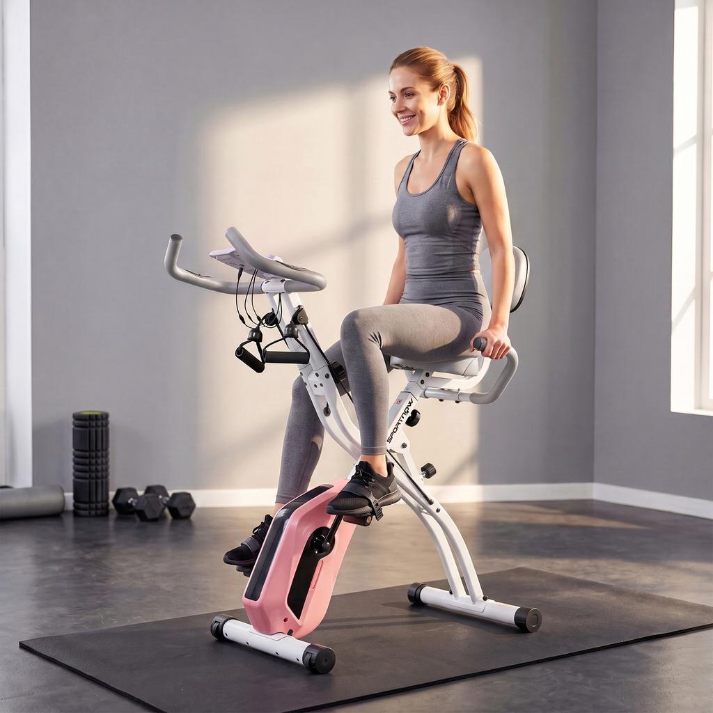 4-In-1 Folding Exercise Bike with Bluetooth App, Wheels, Pink