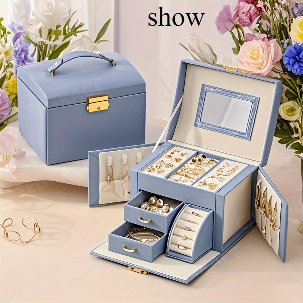 Faux Leather Jewelry Box Waterproof Storage Box with Mirror Double Drawer Fit Necklace Ring Earrings Watch and Hair Accessories