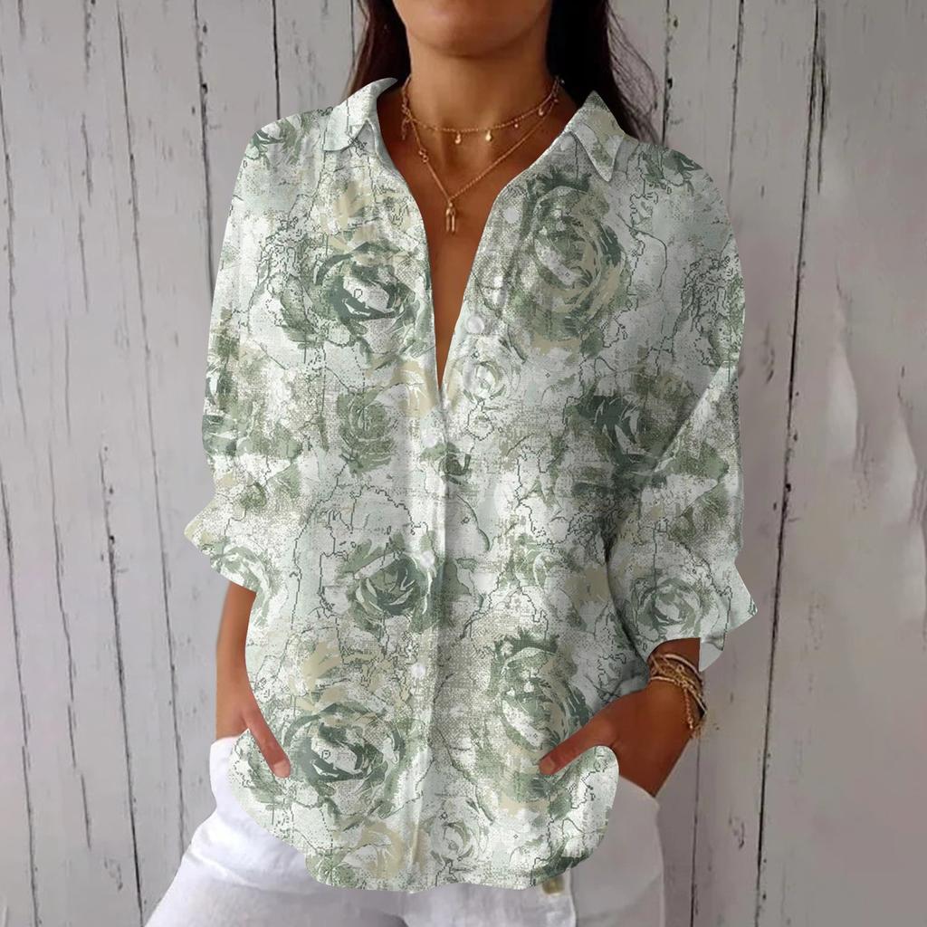 Women's Fashion Seven Sleeve Casual Lapel Back Tie Shirt Printed T-Shirt Top