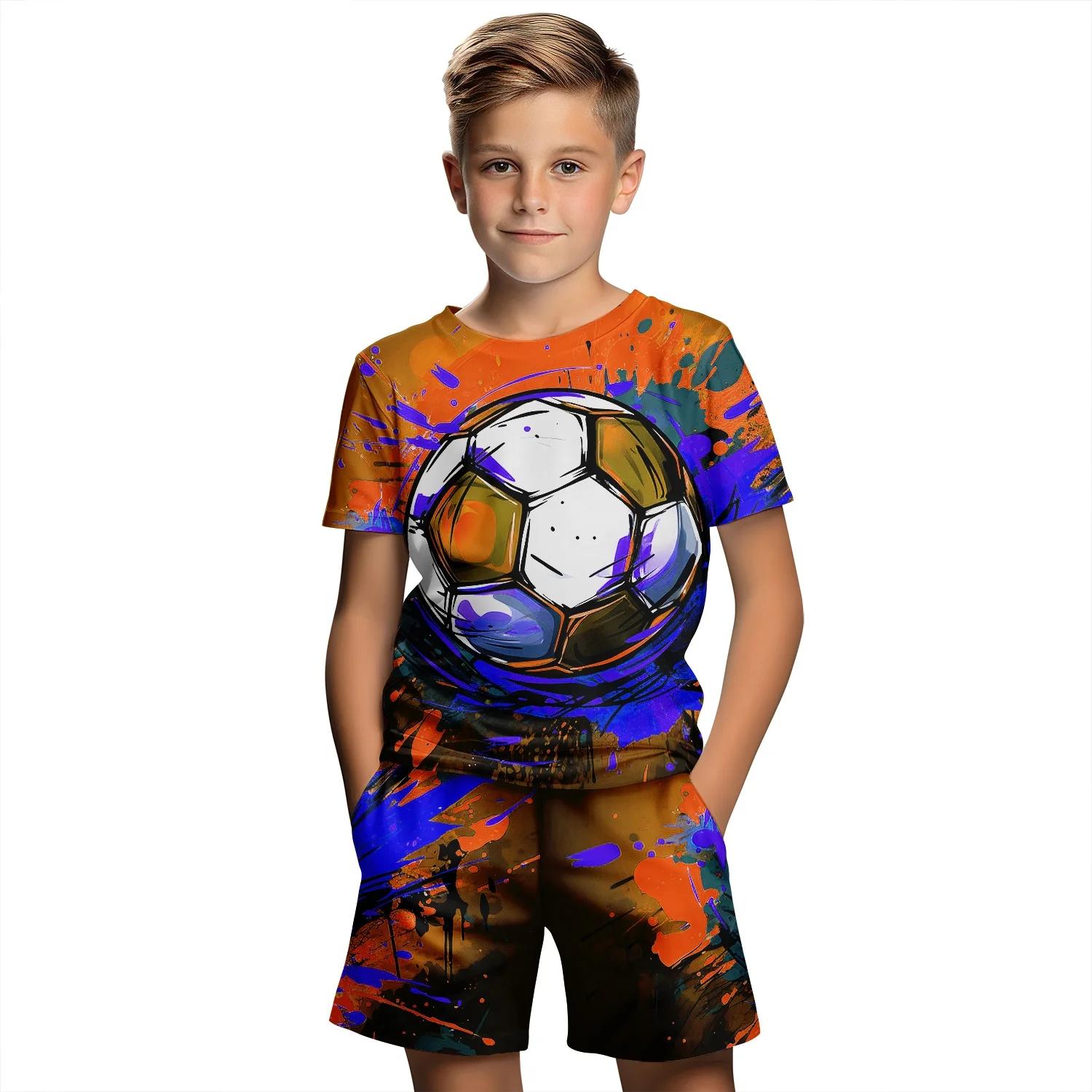 

Children s 2-piece set, short sleeved T-shirt, 3D football printed shorts, outdoor casual set 150