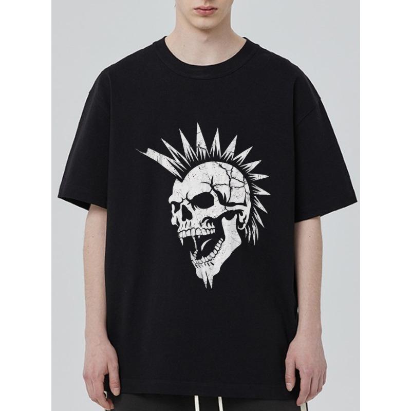 Black Oversized T Shirt Skull Punk Mohawk Print Casual Streetwear Top for Men and Women