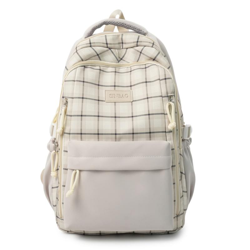 Nylon Plaid Backpack Women's Fashionable Casual School Bag Lightweight Travel Rucksack with Multiple Pockets