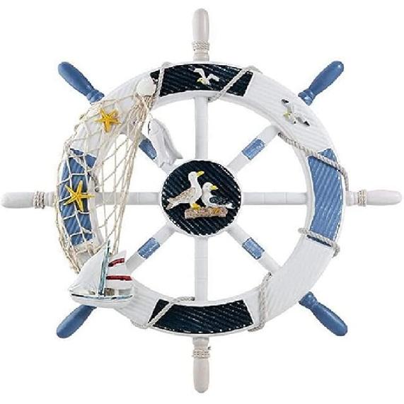 Nautical Ship Wheel Wall Decor, 18 In, White and Turquoise, Beach Theme with Seashells and Fish Net (11 Inch Crack Finishing)