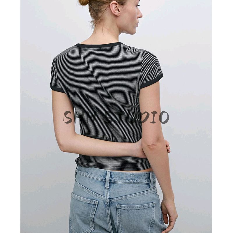 MD Spring/Summer New Arrival Women's Clothing Casual Preppy Style Comfortable Cotton Contrast Color Stripes round Neck Short Sleeve T-shirt 6205545