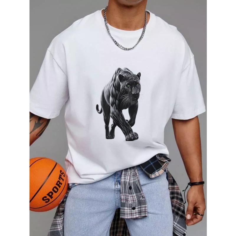 Crewneck T Shirt White Black Panther Graphic Print Casual Wear for Men