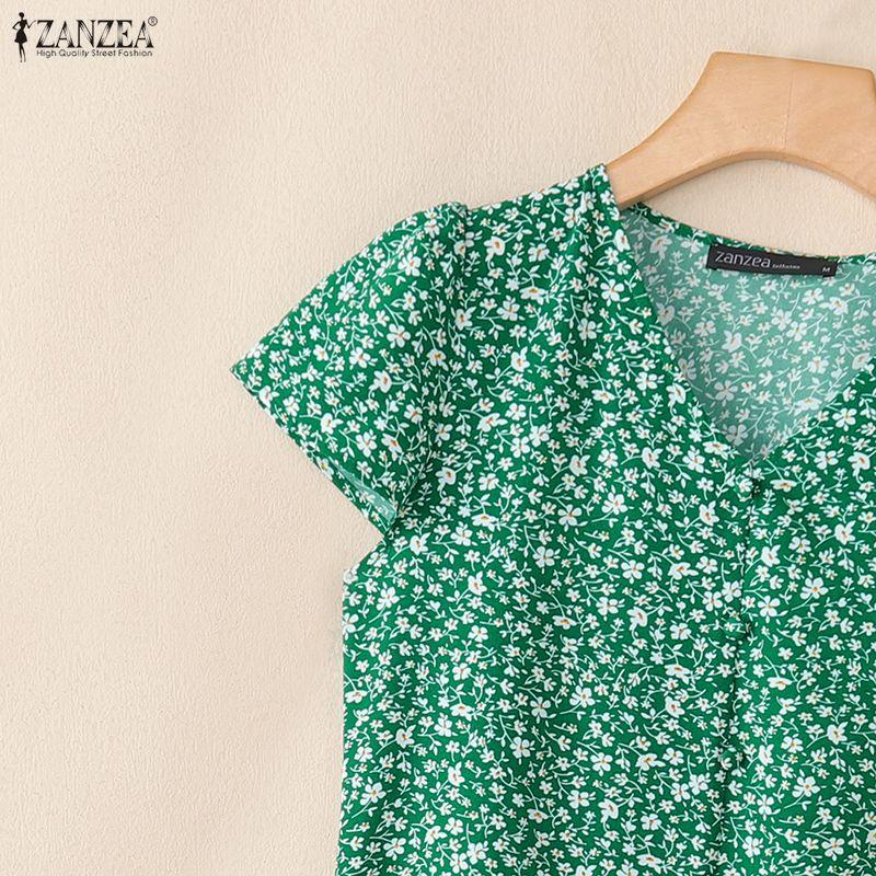 ZANZEA Women Casual V-Neck Floral Print Short Sleeve Dress