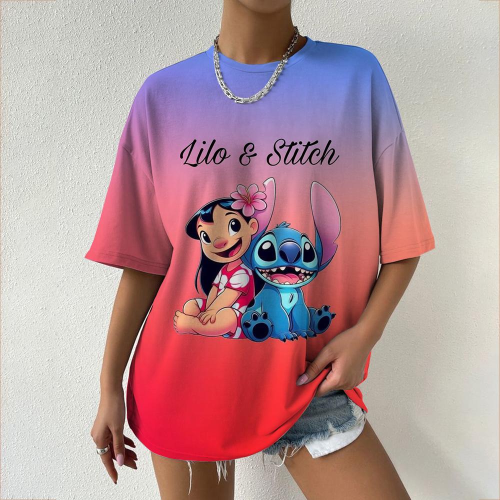 Kawaii Women's T-shirt Disney Lilo&Stitch Casual Y2k T-shirt Round Neck Short Sleeved T-shirt 2025 Summer Women's Clothing