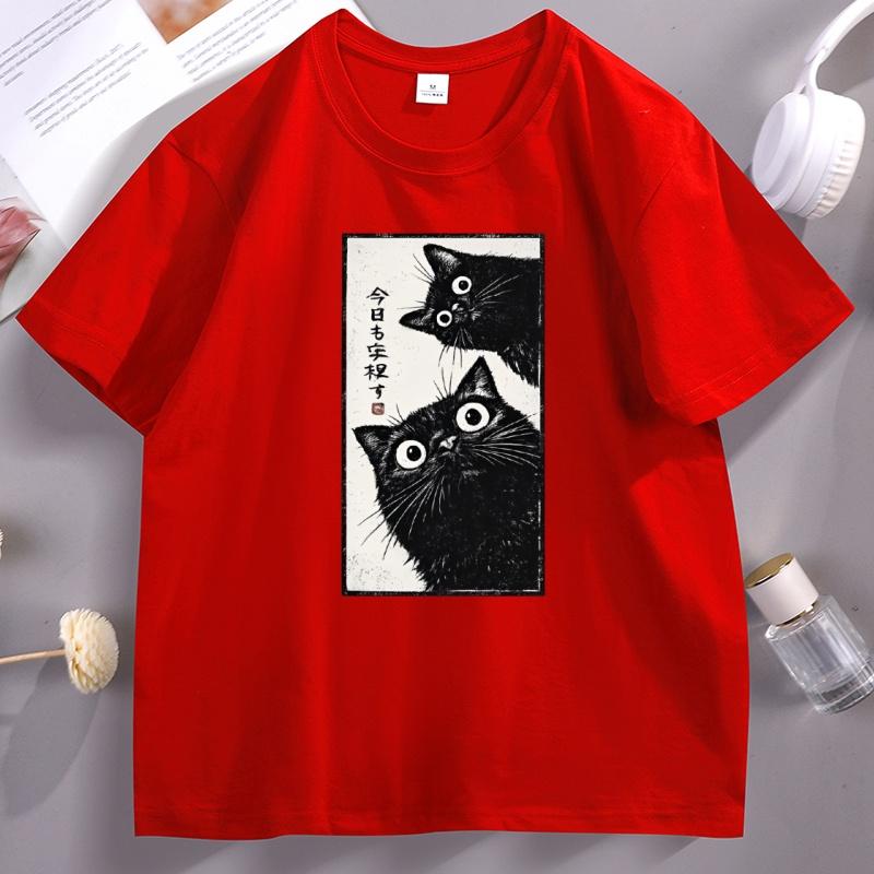 Japanese Cat Graphic TShirts Vintage Tokyo Aesthetic Black Cat Tee Kawaii Streetwear Casual Cotton Short Sleeve Round