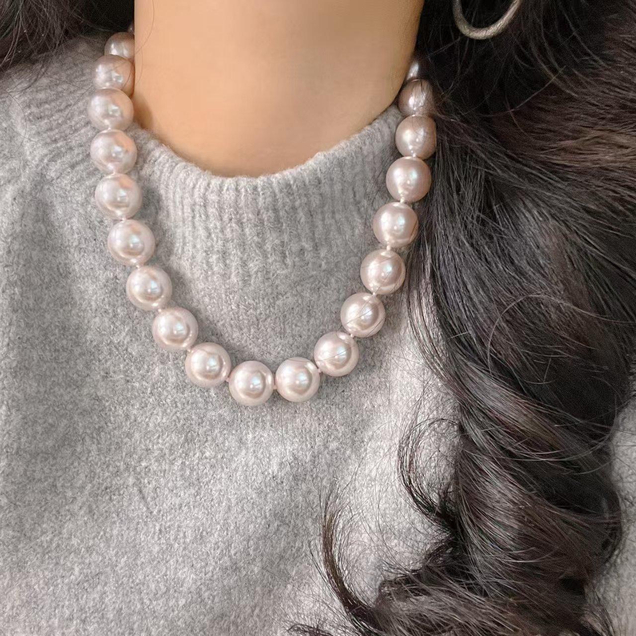 16Mm Vintage Haute Couture Large Grain Manta Rose Faux Crystal Pearl Necklace Collarbone Sweater Chain