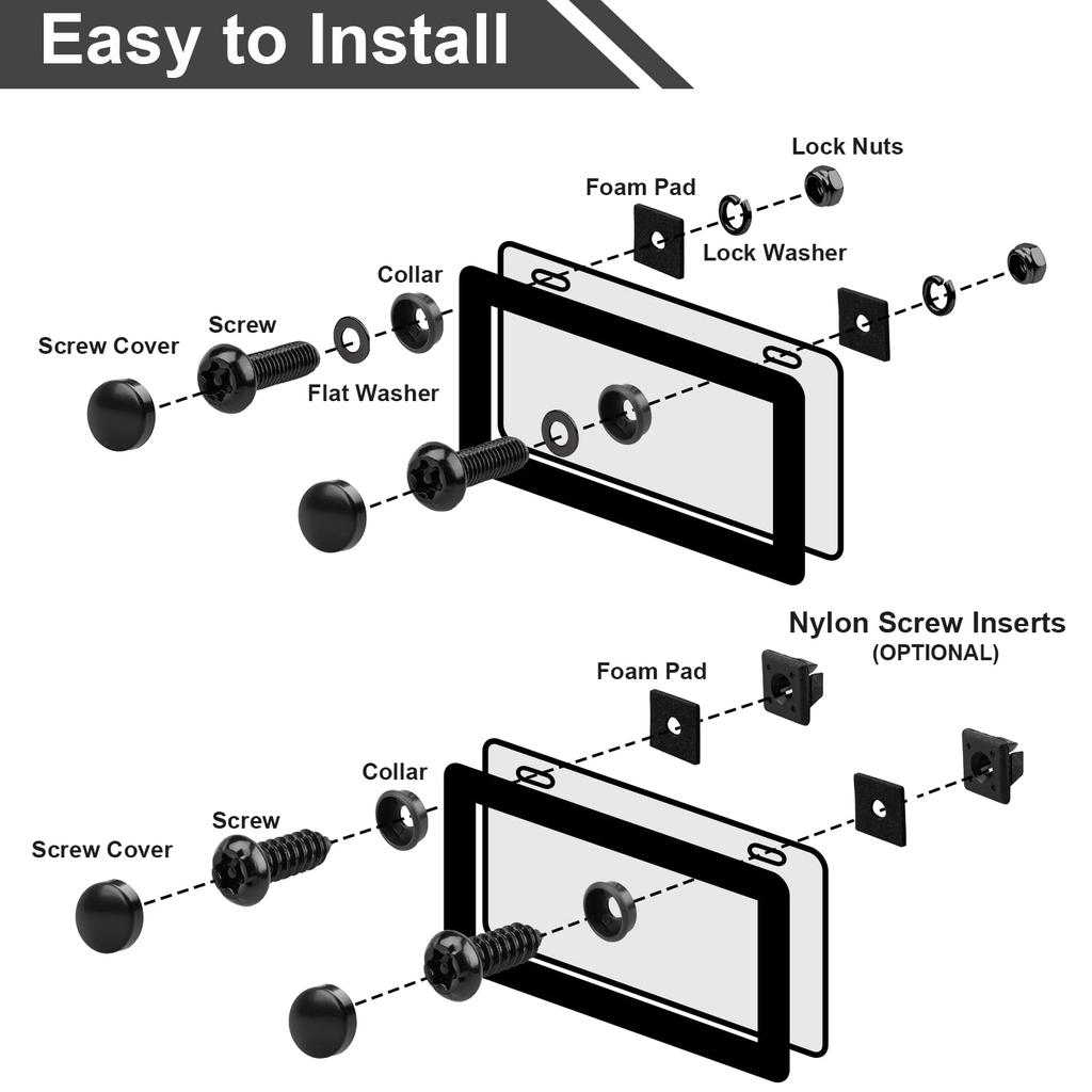 License Plate Screws Kits, Black Anti Theft Mounting Hardware For Car Tag Plate Frames Covers, M6 (1/4") Tamper Proof Screws, Fastener Nut, Caps