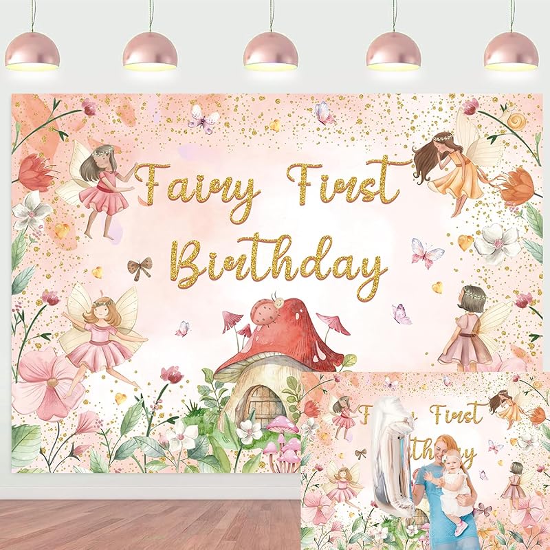 XCKALI Fairy First Birthday Backdrop Floral Fairy Girls 1st Birthday Photography Background Fairy Tale Theme Birthday Party Decorations 7x5FT