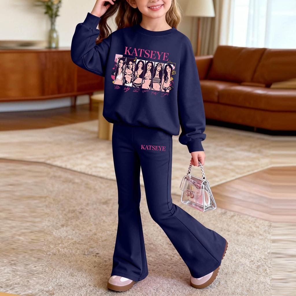Kids Casual Loose Fit Long Sleeve Neck Printed Top and Pants Set