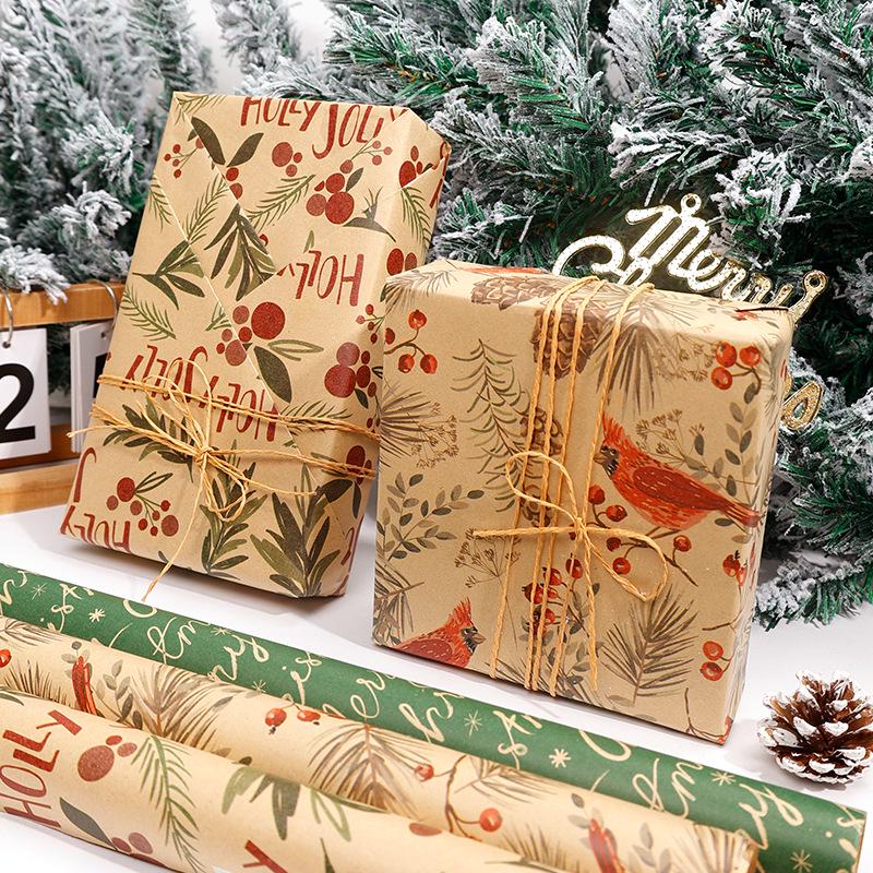 Crease-Free Christmas Gift Wrap Roll with Floral & Bird Designs, Yellow Kraft, 43x300cm