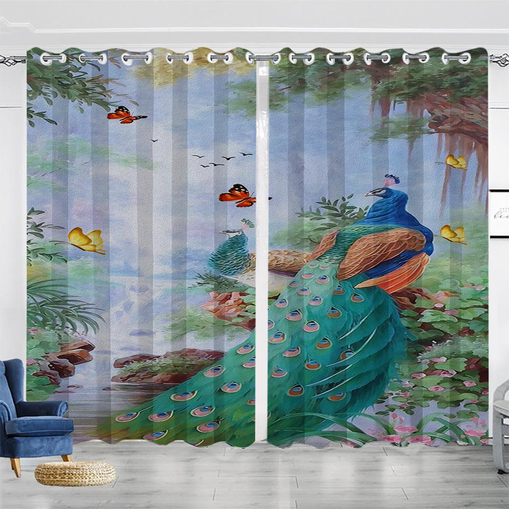 Auspicious Peacock Pattern Digital Printed Curtain Master Room Decorated with 90 Grams Polyester Fiber Curtain Fabric Two Panels