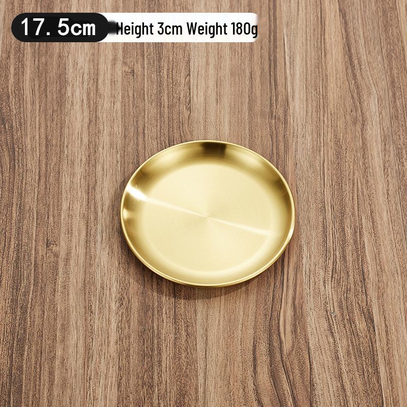Korean Style Double-Layer Non-Magnetic Stainless Steel Insulated Golden Round Dinner Plate Tray