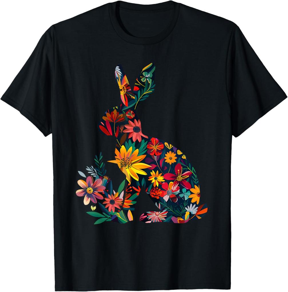 Floral Bunny Rabbit Silhouette T-Shirt Spring Easter Holiday Graphic Tee Casual Short Sleeve