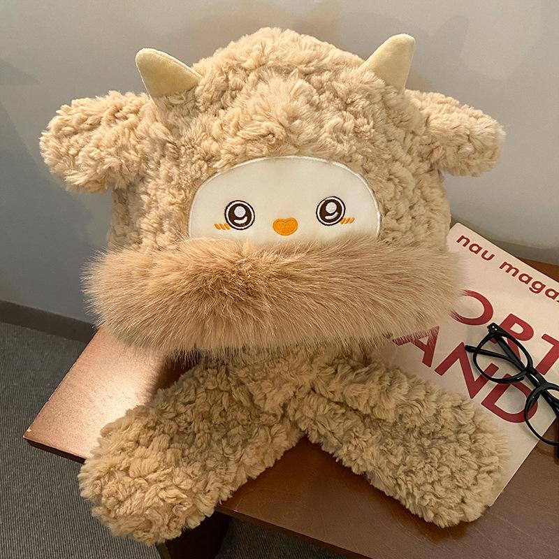 

Милая маленькая плюшевая шапка в виде овечки, женская осенне-зимняя новинка, шапка-шарф, цельная, утолщенная, для защиты от холода one size fits all хаки