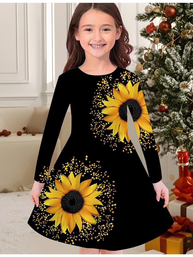 Rochie de Modă de Toamnă și Iarnă pentru Fete, Imprimeu Floral 3D, Gât Rotund, Mânecă Lungă, Rochie Tricou Lungă pentru Copii, Casual Versatilă, Îmbrăcăminte de Crăciun