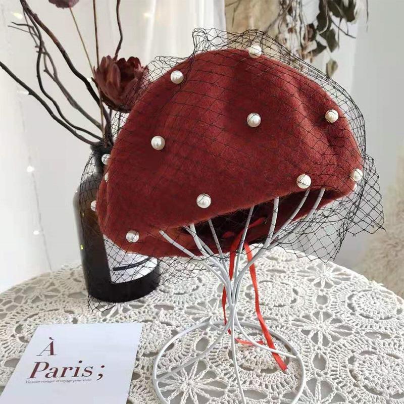 Autumn and winter woolen pearl mesh beret children British retro painter hat pumpkin bud hat tide