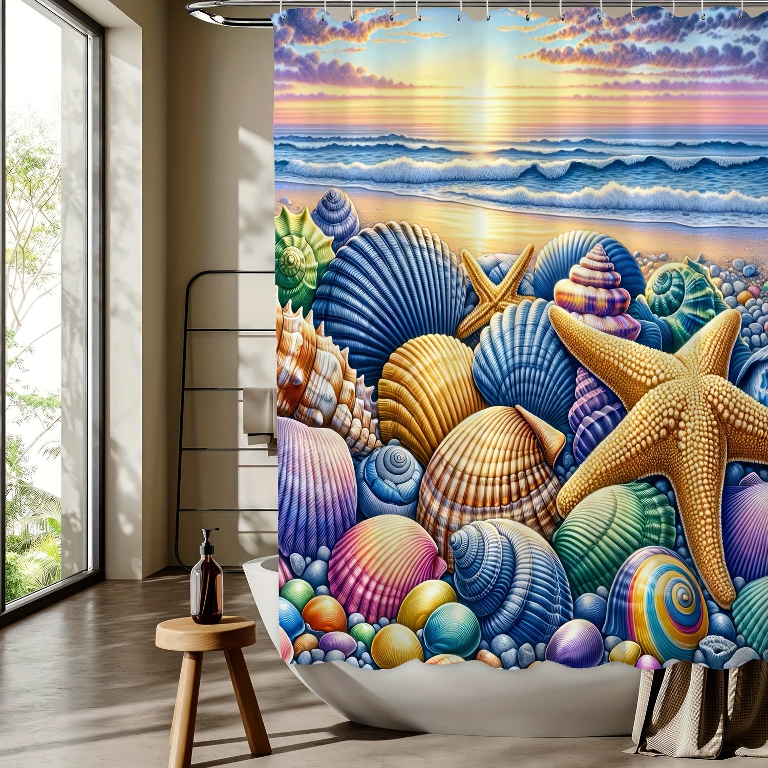 

Beach Shell Conch Starfish Digital Print Shower Curtain, Machine Washable, Reversible All-Season Polyester Bathroom Decor W90xH180cm