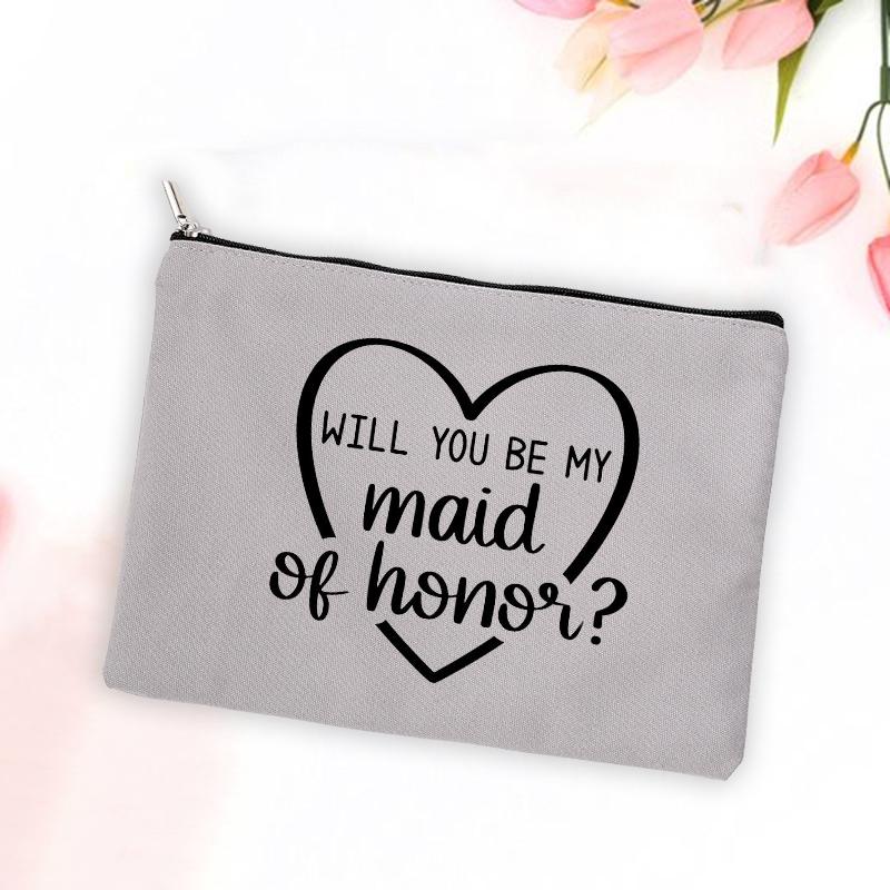 

Will You Be My Bridesmaid Print Makeup Bag Maid of Honor Gifts Wedding Bachelorette Party Toiletries Pouch Canvas Cosmetic Bags