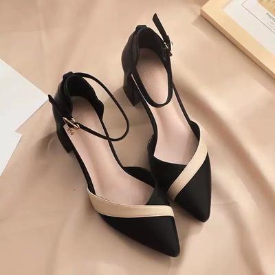 Sandalen, Feenstil für Damen, Dicker Absatz, Vielseitig für Frühling und Sommer, Farbblockiert, Spitze Zehenpartie, Mittelhoher Absatz, Modische Ein-Knopf-High Heels