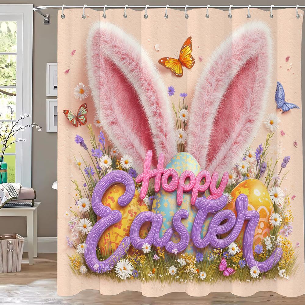 

Fun Easter Eggs And Cute Rabbits Printed Shower Curtain, Bathroom Shower Curtain, Home Decorative Curtain With Hooks W60H190(CM)-1 Pcs