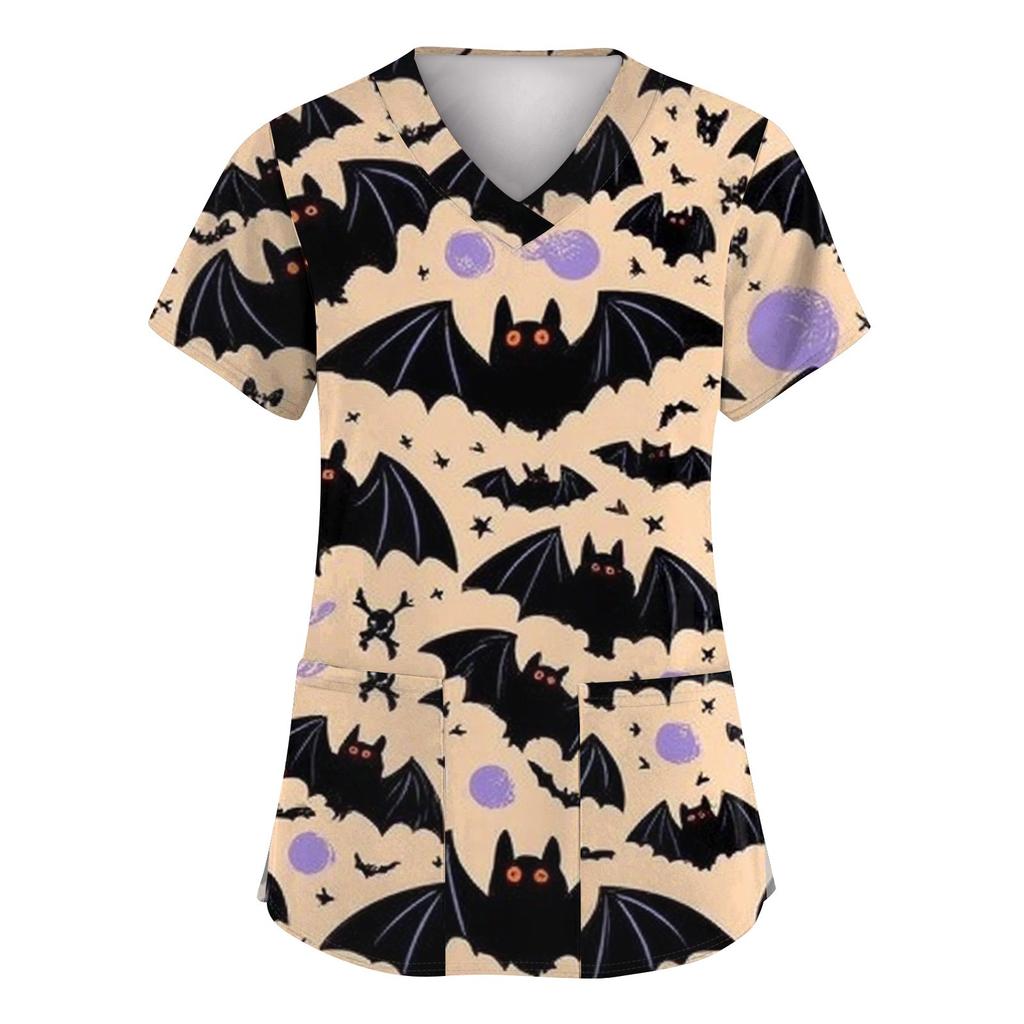 Women's Fashion Short Sleeve Halloween Printed V-Neck Pocket Workwear Tops