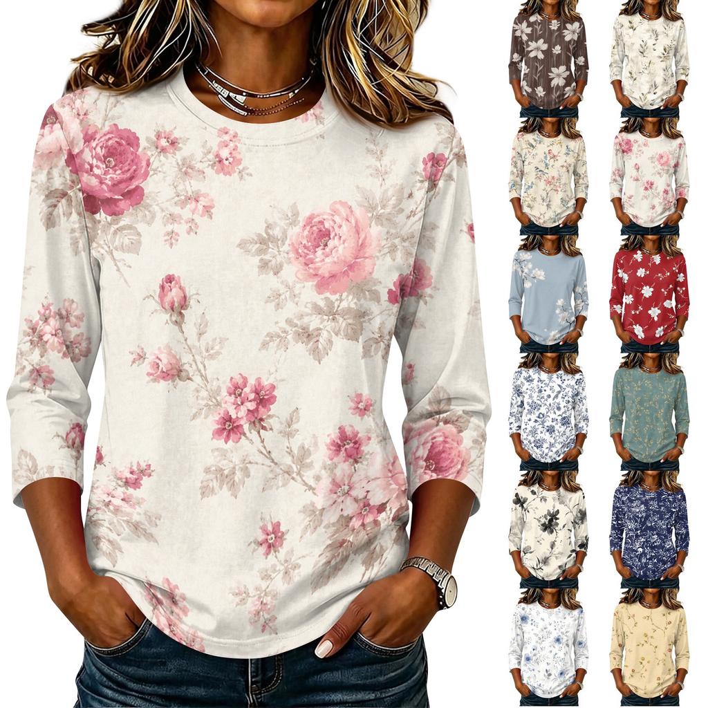 Women Casual Round Neck 3/4 Sleeve Floral Print T Shirt Lightweight Comfortable Soft Fabric Top for Everyday Wear