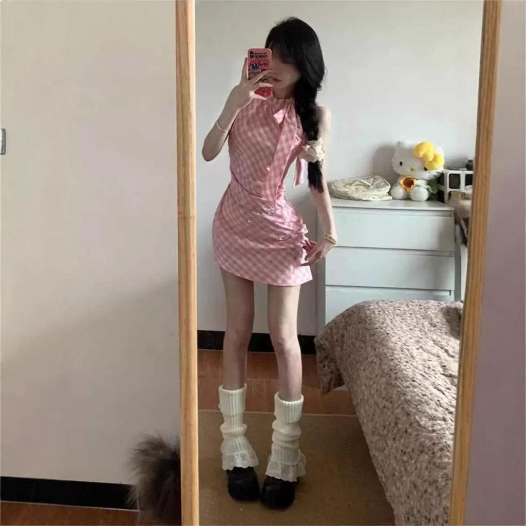 Women's Sexy Halter Off-Shoulder Pink Plaid A-Line Dress