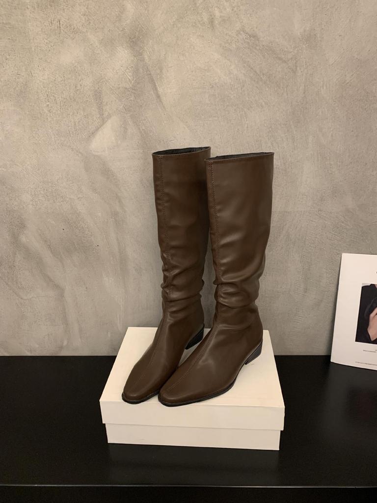 Sheepskin Version~ Thick Heel Pointed Pleated Boots Stacking Boots Women's Knight Boots Long Boots Tall Thin Boots