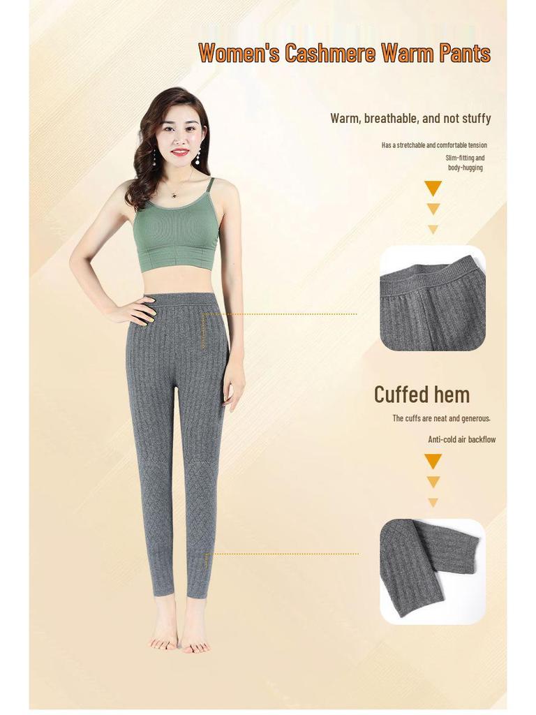 Double-Layer Women's White Cashmere Warm Pants with Fleece-Lined Knee Pads