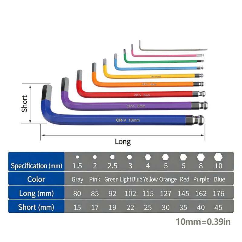 Durability Alloy Steel Hex Hand Wrench Set In Multiple Color Hex Key For Quick Size Recognition And Professional Use